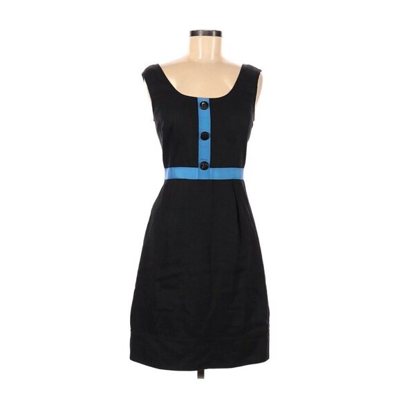 W by Worth 100% Linen Black Blue Mod A Line Knee Length Dress Size 8 - Picture 1 of 2